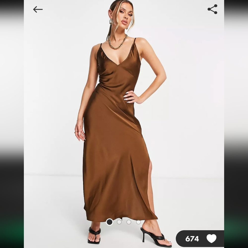 ASOS Aria Cove brown satin plunge maxi dress with thigh slit